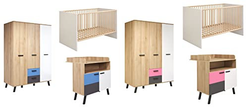 trendteam smart living - 3-teilige Babyzimmerkombination Babyzimmermöbel - Babyzimmer - Mats Color - Farbe Bianco Buche/Weiß/Grau mit Blau/Rosa - 1976606D4