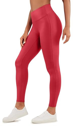 CRZ YOGA Damen Butterluxe Faux Leder Leggings Lederoptik High Waist Sporthose Kunstleder Stretch Workout Sportleggins - 67cm Rubinrotes klassisches Muster 40