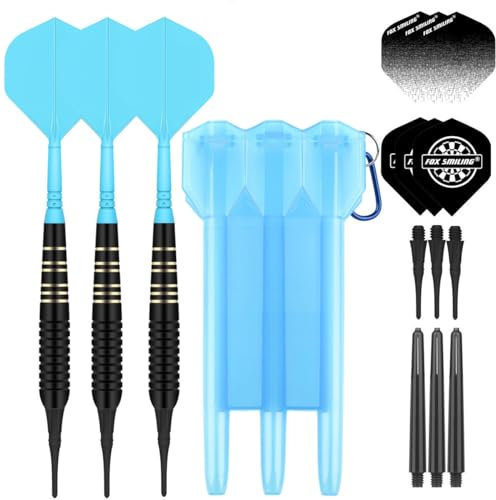 FOX SMILING Dartpfeile mit Kunststoffspitze 3 Stück 22 Gramm mit 2 in 1 Dart Flights mit schäfte und darttasche 6 Flügen 6 PC-Wellen 50 Plastic Spitze für Elektronische Dartscheibe (B Blue)