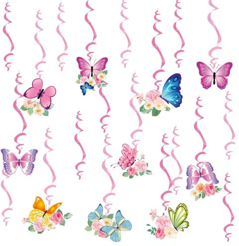 EASY JOY 3D Butterfly Hanging Sprials Decorations Birthday Ceiling Paper Decorations Baby Shower Flower Party Decorations for Girls Butterfly Hanging Swirls Fairy Party Supplies