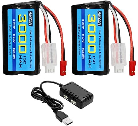 AMZZN 2PCS 7.4V 3000mAh 15C 2S JST-2P Plug Li-ion Battery with 2-in-1 Charger for UDIRC UD1601 UD1602 SG1603 RC Car, 1/10, 1/12, 1/16 Ratio RC Car,Truck RC Ship Engineering Vehicle Backup Battery