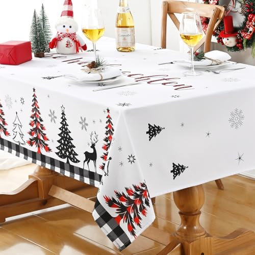 Alishomtll Weihnachtstischdecke, Schneeflocke Weihnachtsbaum Elch Kariert Rechteckige Tischdecken, Wasserabweisend Abwaschbar Tischtuch, Winter Party Ferien Deko Tischwäsche, Weiß 130x220 cm