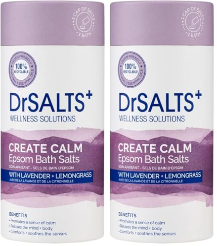 DrSALTS+ Calming Therapy Epsom Salts - Soothing Epsom Bath Salts to Relax Body and Mind with Lavender, Chamomile and Lemongrass Essential Oils, 750 g (Pack of 2)