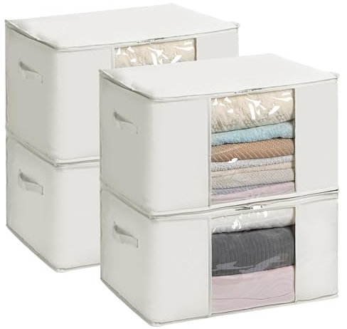 TYEERS Large Storage Bags with Zip and Clear Window, Cotton Blended Fabric Storage Containers for Seasonal Clothes and Bedding, 60x40x35 cm, 4-Pack, Beige