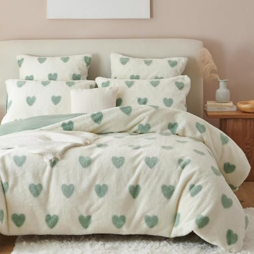 Freyamy Plüsch Bettwäsche Set 135x200 4Teilig Grün Weiß Herz Liebe Kunstpelz Flauschig Winterbettwäsche Flanell Samt Biber Warm Deckenbezug 2 Bettbezug mit Reißverschluss und 2 Kissenbezug 80x80cm