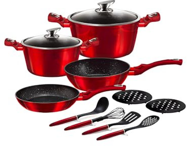 Wintem Juego de 12 ollas y sartenes rojas antiadherentes de aluminio con 4 utensilios de cocina y cómodas tapas de cristal templado – Compatible con todas las placas de cocción como a gas, inducción y