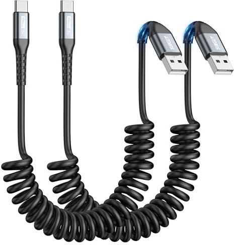 SUNGUY Cable USB C Espiral, Cable USB A a USB C【2piezas 0.3m-0.8m】, Cable USB Tipo C para Android Auto, Carplay, iPhone 16/16Plus/16Pro, Galaxy S24 S23 S22, MacBook, Google Pixel 8, Huawei, Xiaomi