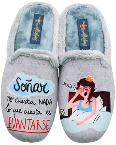 Aladinas - Zapatillas Casa/Hogar con diseño de Chica dormida y Mensaje Divertido para Mujer, Color Gris y Azul Celeste Lona Mujer Color: Gris Talla: 38