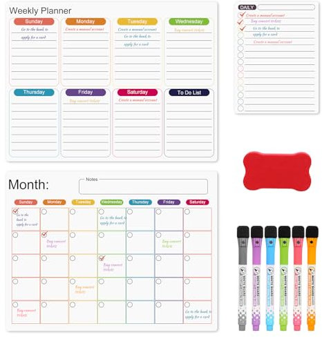 Yallmie 3 Piezas Calendario Magnetico Nevera, Planificador Mensual, Semanal y Diario Con 6 Rotuladores y Borrador, Pizarra Magnetica Nevera Calendario Familiar Planificador Mensual