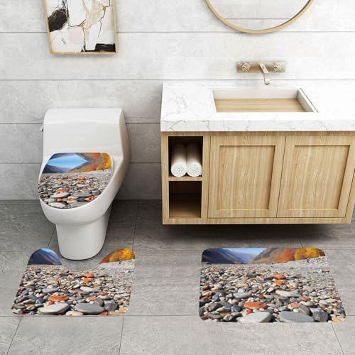 PHAYAH Badezimmerteppich-Set, bunt, Kieselsteine, rutschfest, Badvorleger für Teppich, wasserabsorbierend, mit U-förmigem Konturteppich