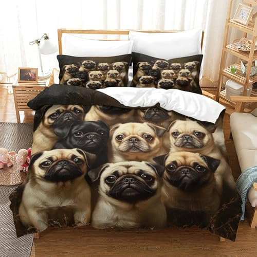 HMRKOEPGX Mops 3D Gedruckt Gedruckt Bettbezug Luxus Welpe Bettbezug 3 Teilig Mikrofaser Mit Reißverschluss Wende Bettwäsche Set Single（140x200cm）