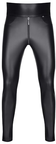 Herren Leggings Wetlook schwarz High Waist mit Reißverschluss vorne und hinten Männer Hose Skinny elastisch