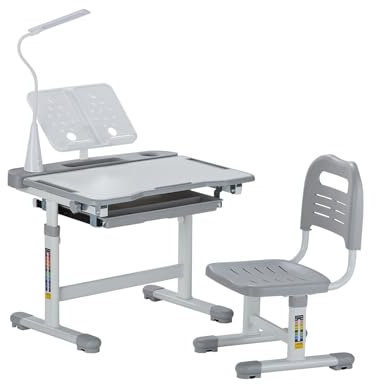 VEVOR Schreibtisch Set Kinderschreibtisch Arbeitstisch und Stuhl höhenverstellbare (53-71 cm) belastbar (100 kg) mit Tischlampe & 0–40° geneigten Schreibtischplatte für Schlafzimmer Grau