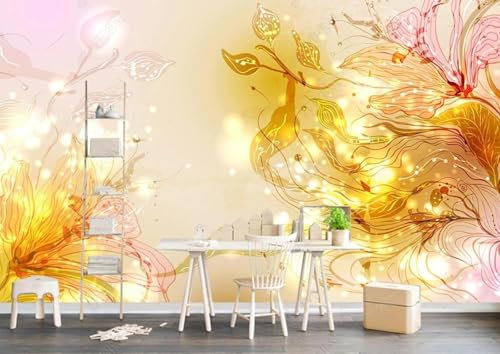 XLMING Fleurs Roses Fleurs Dorées Branches Lignes 3D Papier Peint Décoration Manger Intérieure Salon Canapé Chambre Fond TV Mur-400cm×280cm