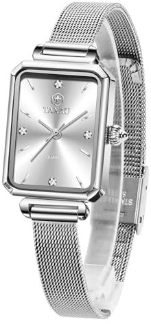 Taxau Silberne Quadrat Uhren Für Frauen Weißes Zifferblatt Mesh Armband Rechteckige Uhr Zierlich Exquisite Edelstahl wasserdichte Kleid Damenuhr