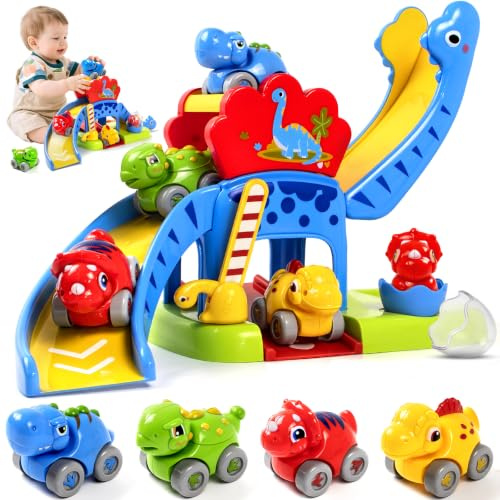 Marstone Dinosaurier Auto-Rutschbahn Kinder Spielzeug ab 1 Jahr für Jungen | Montessori Lernspielzeug Mit 4 Tiere Autos für Baby 12-18 Monate, Motorikspielzeug Geburtstag Geschenk für 2-3 Jahre Mädchen