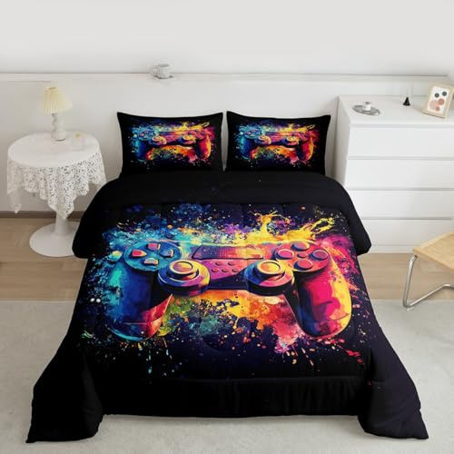 Homemissing Gamer Spiel Bettdecke 135x200cm Gaming Controller Bunt Steppbett Cool Neon Gaming 4-Jahreszeiten Bettdecke Junge Gamepad Steppdecke