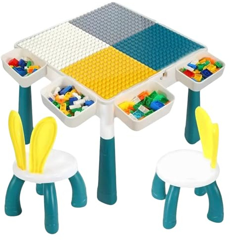 HOUOOFVA Kindertisch mit 2 Stühle und 346 Stück Bausteine, Kinder Spieltisch, Baustein Tisch Stuhl Set Basteltisch für Kinderzimmer und Kindergarten