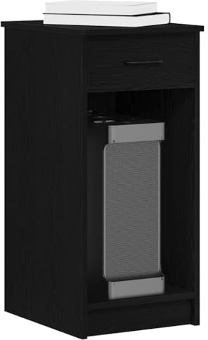 Computer Tower Stand with Drawer, Black Engineered Wood PC Cabinet for Desktop Case Protection, Home Office Desk Storage, 35x45x77 cm