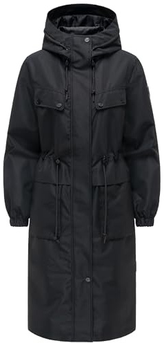 Navahoo Damen extralange Übergangsjacke wasserdichter Mantel oversize Parka mit Taillenzugband und Brusttaschen Kirschwind 14 Black Gr. 3XL