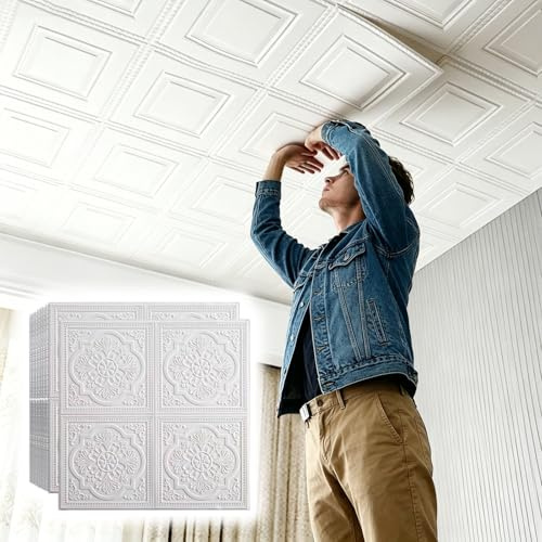 Vibeo Azulejos Adhesivos Placas de Techo de Poliestireno 3D Autoadhesivas, Revestimiento de Techo Cuadrado para Pegar, Adhesivo de Pared Autoadhesivo con Diseño Floral(Style A,10 pcs)