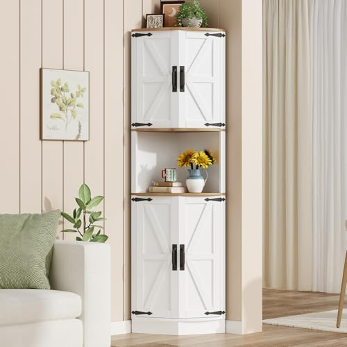HIYYIH Hörnskåp 39,5 x 56 x 180 cm (D x B x H) | Vintage köksskåp med 5 förvaringsfack, tippskyddsanordning, 180 cm förvaringsskåp med vitt träutseende