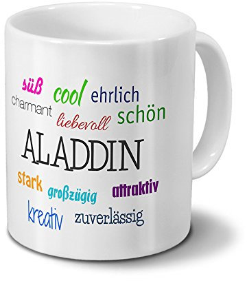Tasse mit Namen Aladdin - Motiv Positive Eigenschaften - Namenstasse, Kaffeebecher, Mug, Becher, Kaffeetasse - Farbe Weiß