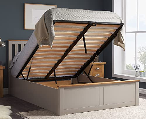 happybeds Phoenix Ottoman Storage Bed Pearl Grey Finish Modern Wooden Frame 5' King Size 150 x 200 cm