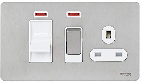 Schneider Electric Ultimate Screwless Flat Plate - Switched Cooker Control Unit with 13A Socket and Neon Indicator, 45A, GU4401WSS, Stainless Steel with White Insert