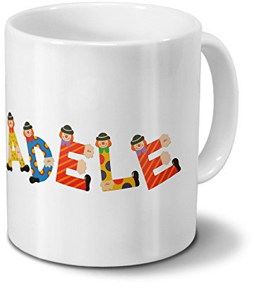 printplanet Tasse mit Namen Adele - Motiv Holzbuchstaben - Namenstasse, Kaffeebecher, Mug, Becher, Kaffeetasse - Farbe Weiß