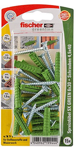 fischer 524820 Spreizdübel 6x30 S K, Inhalt Dübel SX Green 6 x 30, 15 x Spanplattenschraube 4,5 x 40, Mehrfarbig