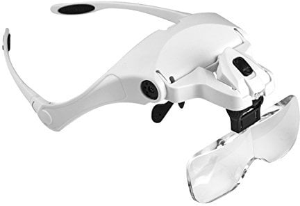 MOACC Magnifying Glasses with Light, Hands Free Headband Magnifier with 2 LED and 5 Detachable Lenses 1X to 3.5X, Head Magnifier Glasses for Reading, Jewelry Loupe, Electronic Watch Repair