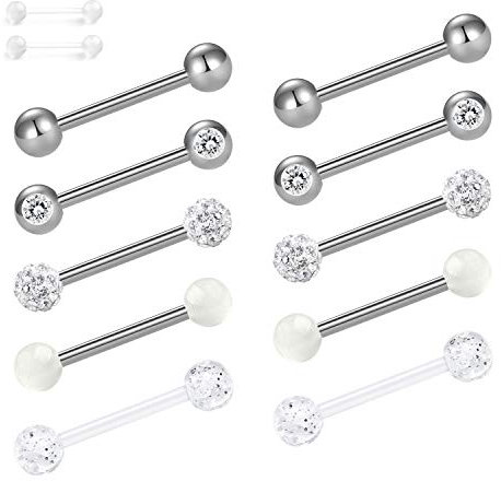 Zolure 14G 12 Stücke Kristallkugel Nipplerings Barbell Piercing Zungenpiercing Schmuck