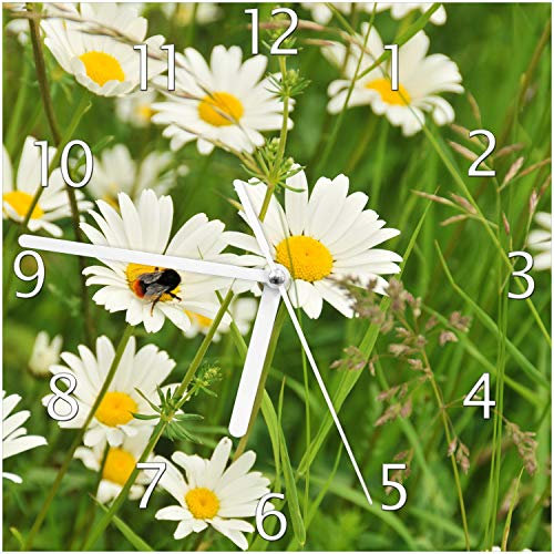 Wallario Design-Wanduhr Margeritenwiese aus Glas, Motiv-Uhr Größe 20 x 20 cm, weiße Zeiger