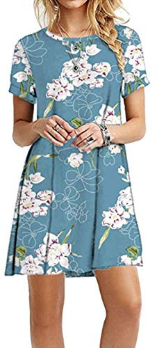 OMZIN Damen T-Shirt Tunikakleid Kurzarm Kleid Basic Longshirt Casual Loose Locker Minikleid Blau Lilie S