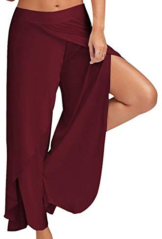 WSLCN Damen Tanzhose Locker Hose Bauchtanz Pilates Yoga Elastizität Lange Dünn Leicht Split Weinrot Label Asie XXXL:Taille 70-90cm