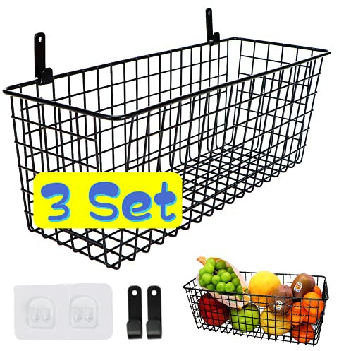 Extra Large: Set of 3 Wall Mounted Metal Wire Basket, Fruit Basket, Black, Hanging Storage Basket, Organiser for Organization and Storage in Kitchen, Pantry, Bathroom, Bedroom