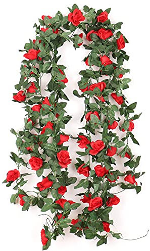 Jewlri 2 Stück 220cm Künstliche Rosen Girlanden Kunstblumen Seidenblumen Blumengirlande Rot Rosen Aufhängen für Hochzeit Garten Party Haus Hochzeit Auto Dekoration