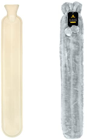 Long Hot Water Bottle with Cover Soft Fluffy Pom Pom Large 2 Litre (Silver)
