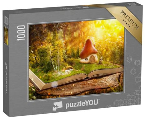 puzzleYOU: Puzzle 1000 Teile „Digitale Kunst: Magisches Pilzhaus im verwunschenen Bücherwald“ – aus der Puzzle-Kollektion Fantasy