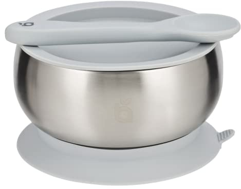 beau baby Stainless Steel Suction Bowl, Baby Weaning Bowl with Silicone Spoon, Baby Bowl for Toddlers & Kids, Encourage Baby Led Weaning (Blue Grey)
