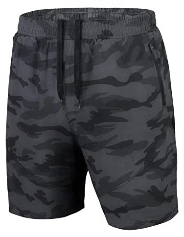 Herren Sport Shorts Kurze Hose Schnell Trocknend Sporthose Leicht mit Reißverschlusstasche(Camo Grau,EU-2XL/US-XL)