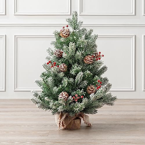 Christow Artificial Mini Christmas Tree with Snow Pine Cones & Berries, 2ft / 60cm Flocked Miniature Tabletop Spruce, Small Indoor Decoration, Natural Looking PVC & PE Needles, Hessian Wrapped Base