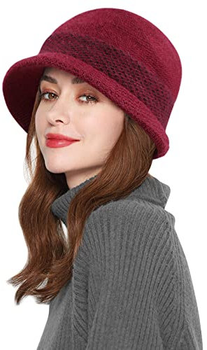 Comilaka Women Beret Beanie Winter Knit Hat with Thick Fleece Lined Visor Peaked Hat Red Wine