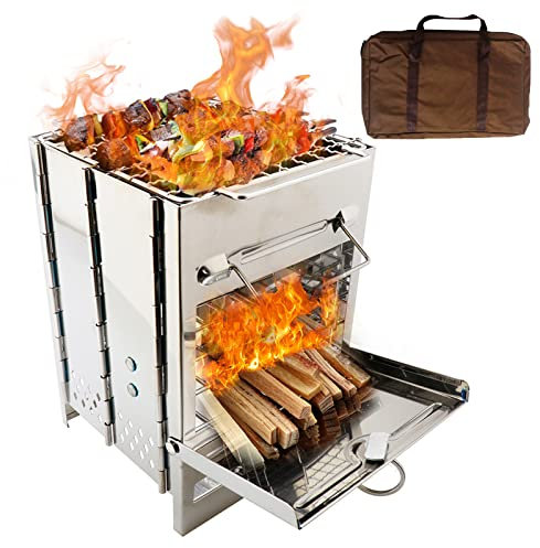 Generic Campingkocher Holzofen Mini Holzvergaser Faltbar Tragbar Kompakt Hobo Kocher für Picknick BBQ Camping Wandern Reisen mit Tragen Tasche,Silver,XL