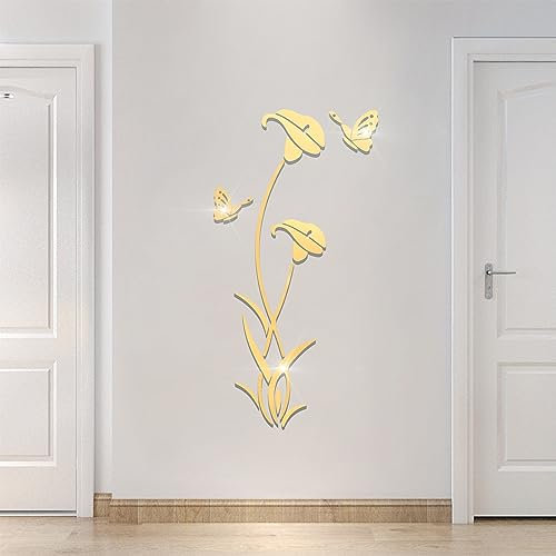 HNVNER Wandtattoo Blume 3D DIY Spiegel Wandaufkleber für Wohnzimmer Wandsticker für Schlafzimmer Wanddeko für Sofa Hintergrund TV Wand Hintergrund(59 x 31 in, Golden)