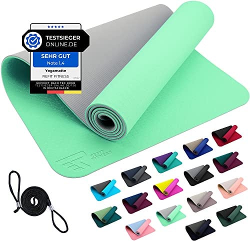 REFIT FITNESS Yoga Matte Perfect-Fit 190 x 60 x 0,6 cm GeckoGrip Sensi-Plus TPE Yogamatte Rutschfest Schadstofffrei Tragegurt Sportmatte Fitnessmatte Gymnastik Sport Pilates Mintgrün Pastellgrau