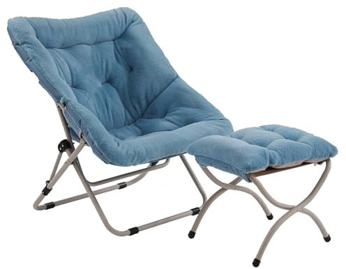 Tiita Untertassenstuhl mit Ottomane, weicher übergroßer Klappstuhl aus Kunstfell, weicher pelziger Loungesessel, Mondstuhl mit Metallrahmen für Schlafzimmer, Wohnzimmer, Wohnheim, Garten und Hof