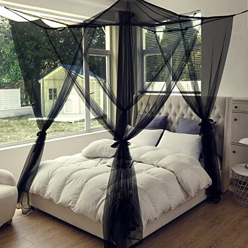Eimilaly 8 Ecke Bett Baldachin Vorhänge für Erwachsene Frauen Schlafzimmer, Anzug für Full/Queen/King Size Bed(1.5-1.8 Bed)/4 Doors,Black
