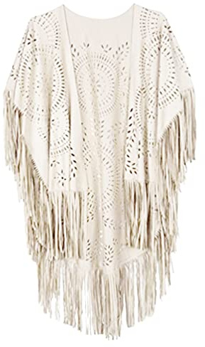 Minetom Damen Poncho Capes Vintage Offene Front Wildleder Cardigan Sommer Boho Quaste Strand Cover Up Schal Jacke Mantel